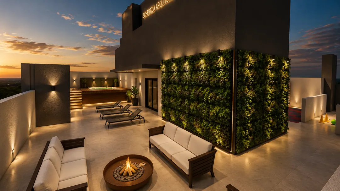 Pavimento de lazer do Valenzza Residence ao entardecer, com piscina elevada em deck de madeira, espreguiçadeiras, fire pit e jardim vertical iluminado