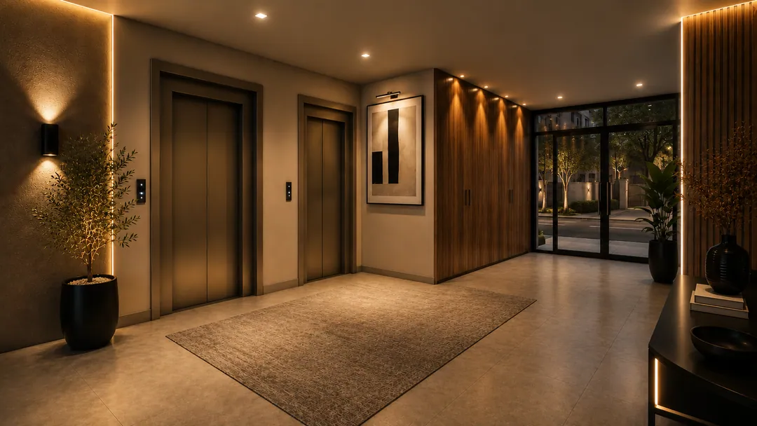 Hall principal do Valenzza Residence com iluminação âmbar rasante, marcenaria em madeira nogueira, tapete texturizado e fachada envidraçada para a rua