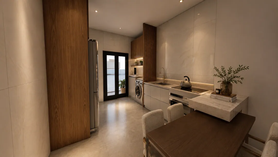 Ambientação ilustrativa da cozinha integrada à área de serviço em apartamento do Valenzza Residence