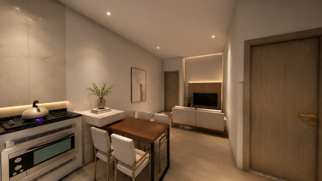 Ambientação ilustrativa da sala integrada à cozinha em apartamento do Valenzza Residence