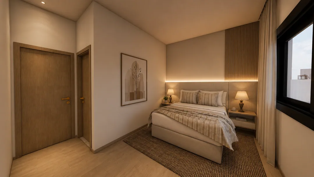 Ambientação ilustrativa da suíte de apartamento do Valenzza Residence