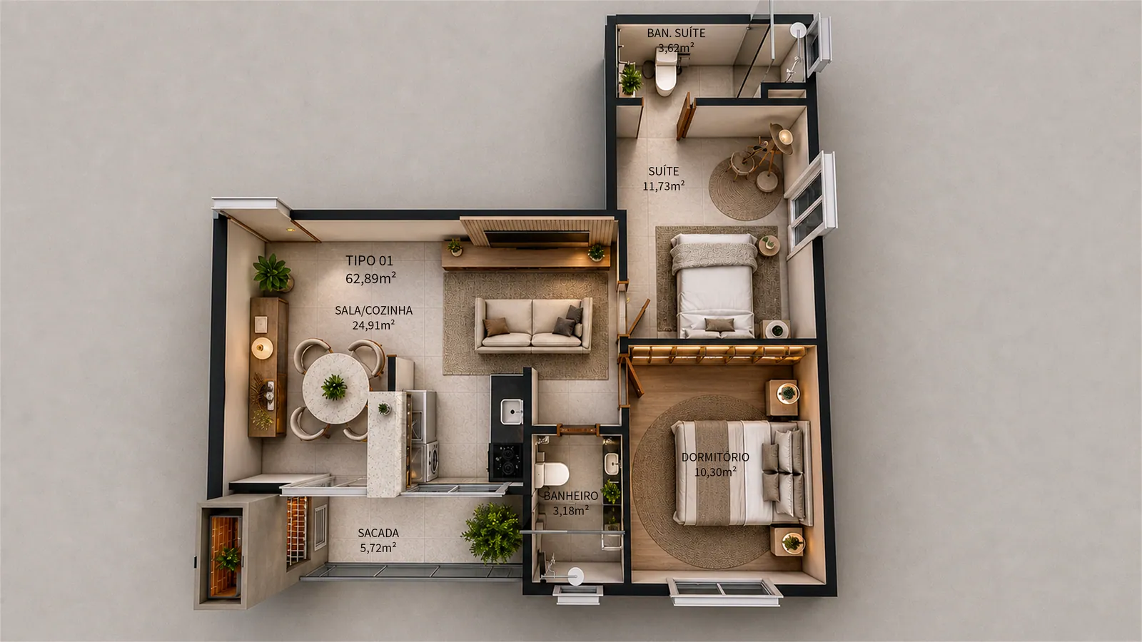 Planta humanizada do apartamento Tipo 01 do Valenzza Residence, 62,89 m², com sala e cozinha integradas, suíte, dormitório, banheiro social e sacada com churrasqueira