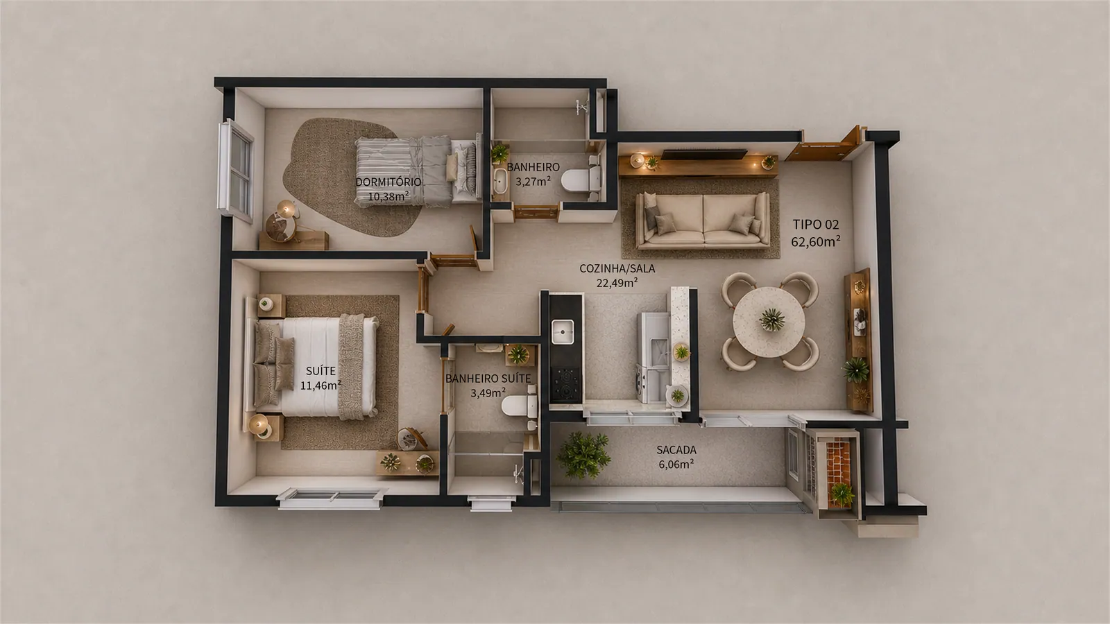 Planta humanizada do apartamento Tipo 02 do Valenzza Residence, 62,60 m², com cozinha e sala integradas, suíte, dormitório, banheiro social e sacada com churrasqueira