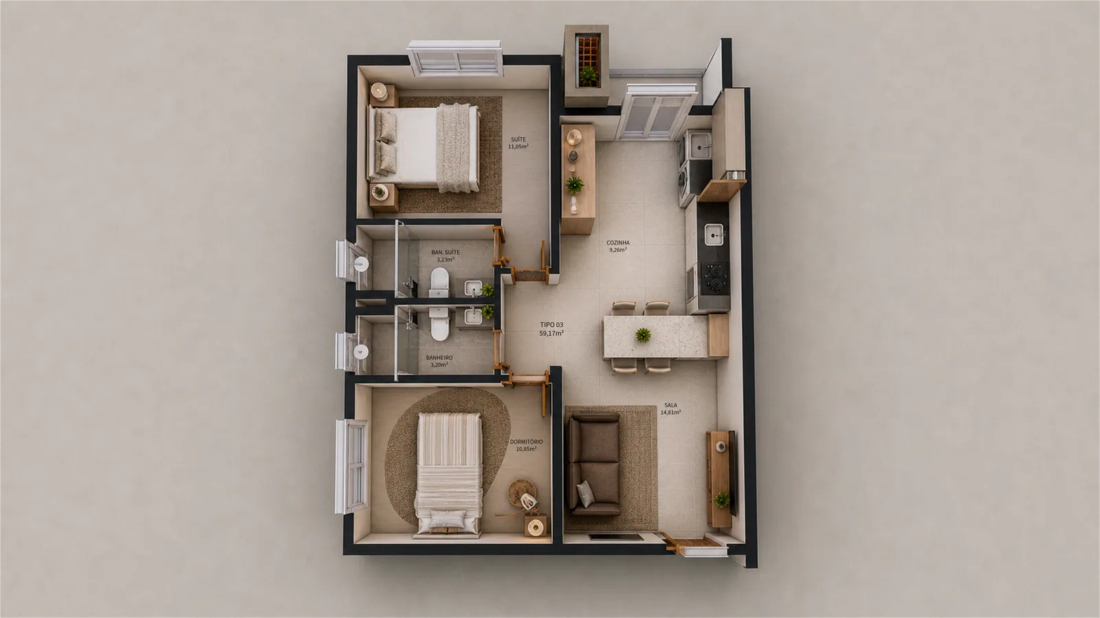 Planta humanizada do apartamento Tipo 03 do Valenzza Residence, 59,17 m², com sala e cozinha separadas, suíte, dormitório e banheiro social