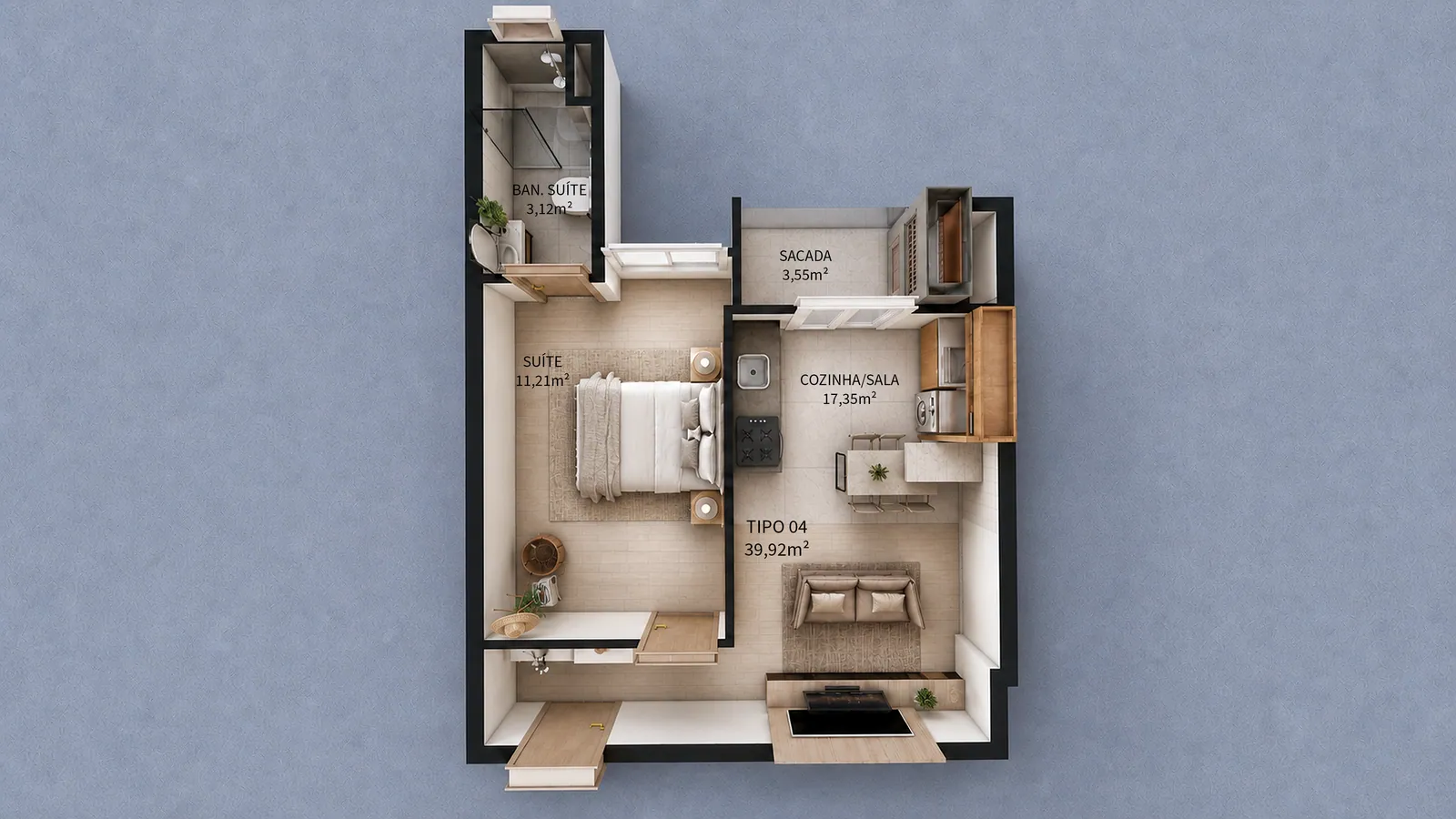 Planta humanizada do apartamento Tipo 04 do Valenzza Residence, 39,92 m², com cozinha e sala integradas, suíte e sacada