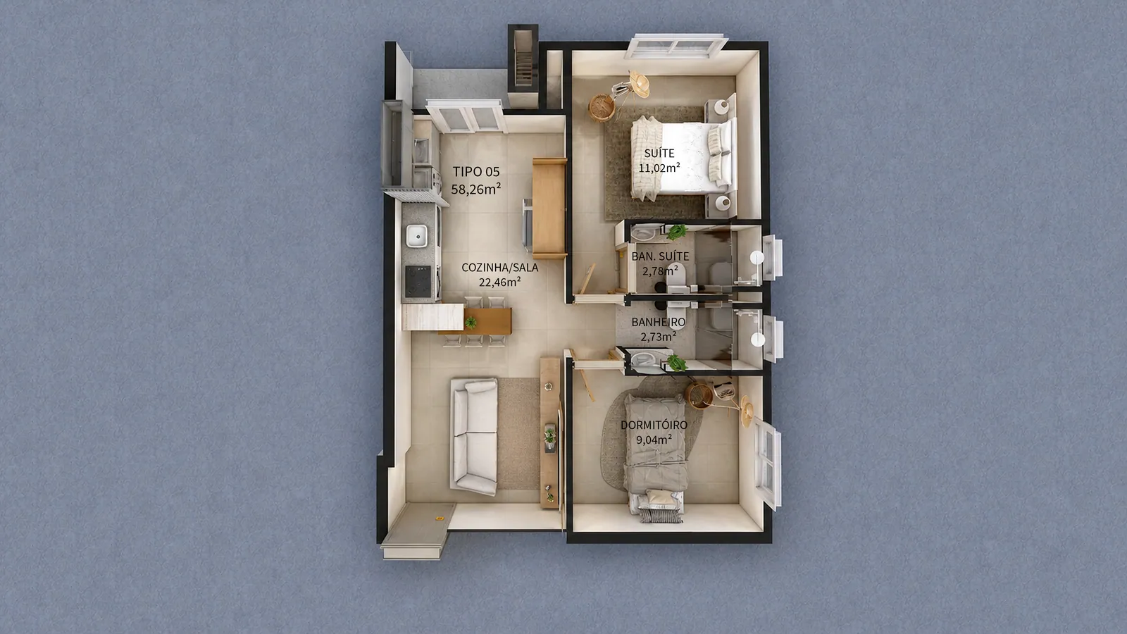 Planta humanizada do apartamento Tipo 05 do Valenzza Residence, 58,26 m², com cozinha e sala integradas, suíte, dormitório e banheiro social