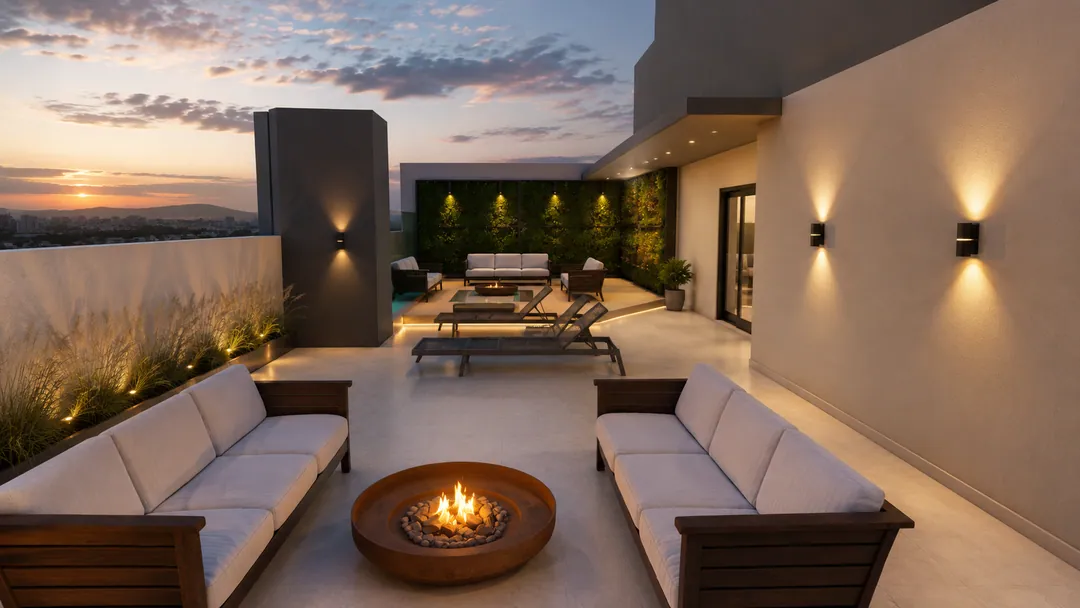 Rooftop do Valenzza Residence ao entardecer, com fire pit central em aço corten, sofás de madeira, espreguiçadeiras e jardim vertical ao fundo