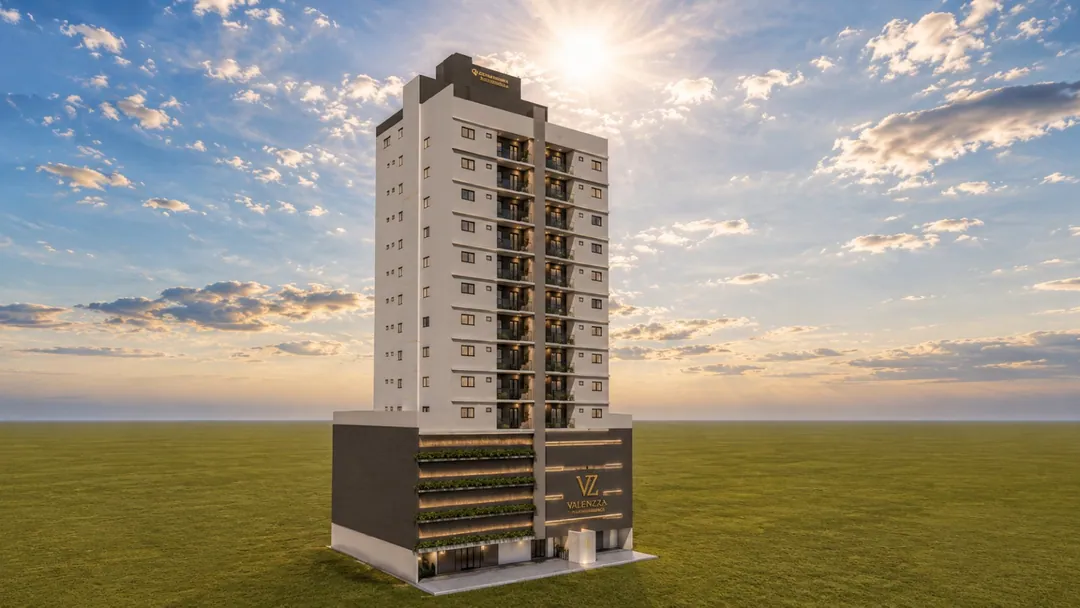 Volumetria completa da torre do Valenzza Residence vista de ângulo, com o embasamento escuro e as sacadas com vegetação ao longo de toda a altura